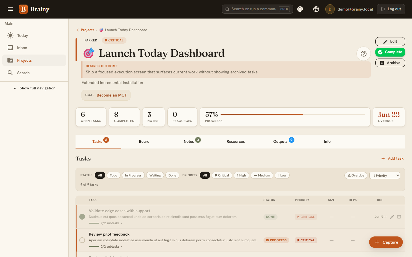Brainy project detail view with tasks and linked notes
