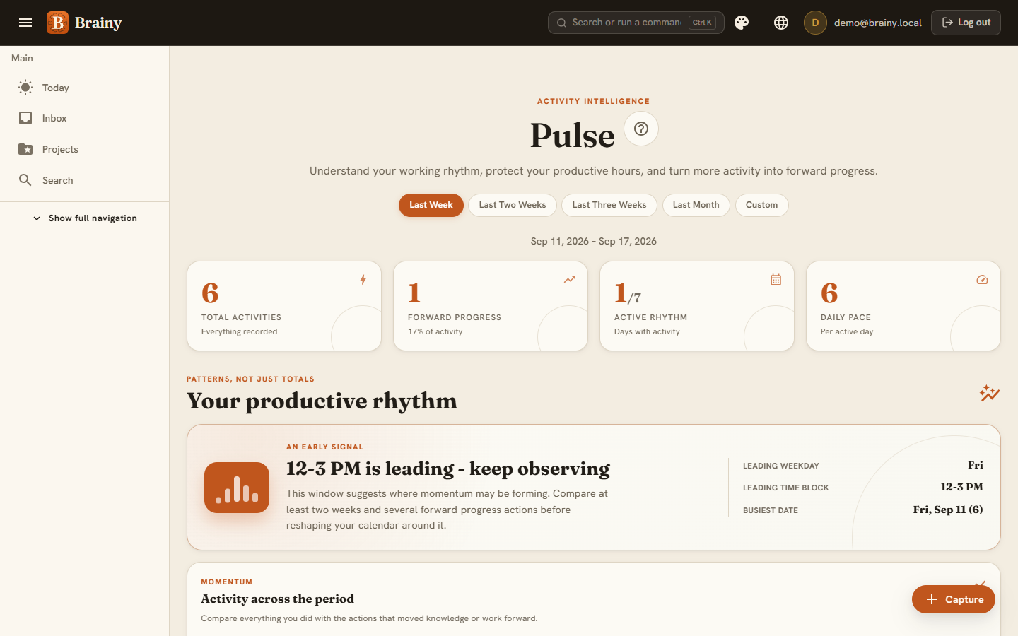 Brainy pulse analytics summarizing activity over time
