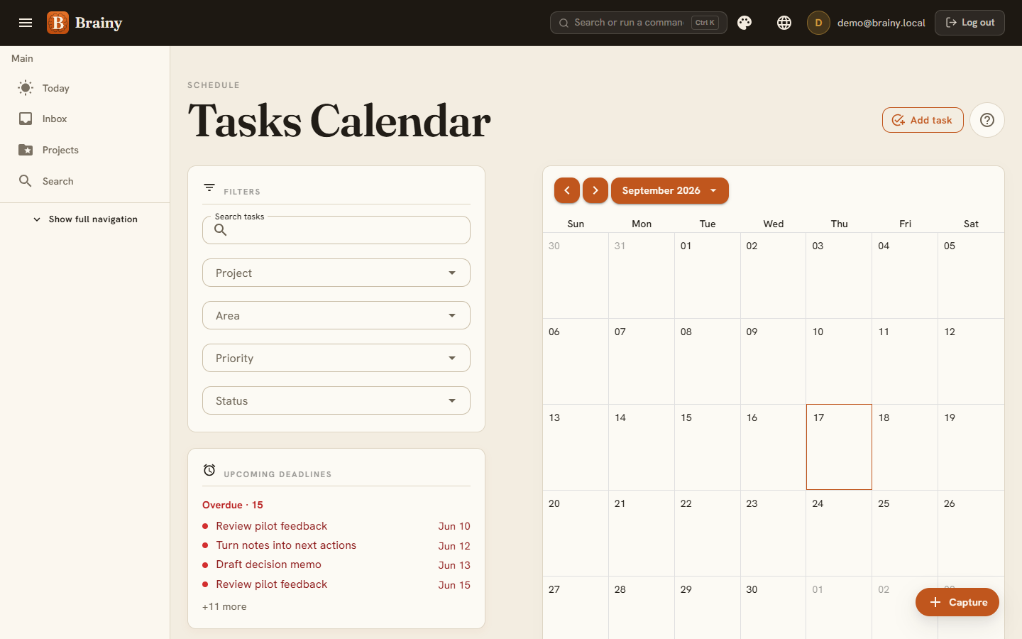 Brainy tasks calendar with priorities and recurrence