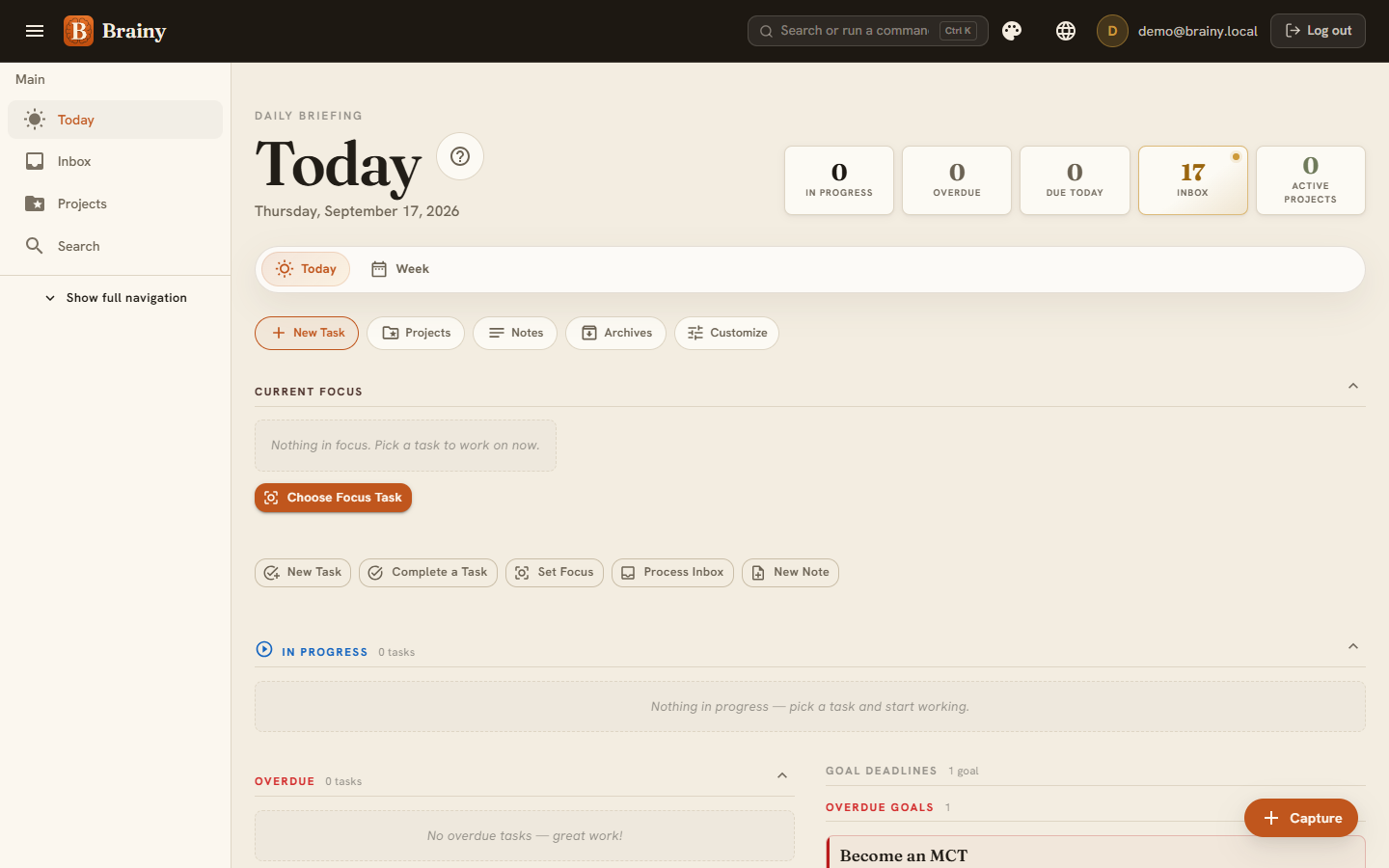 Brainy Today dashboard showing current work, deadlines and project progress