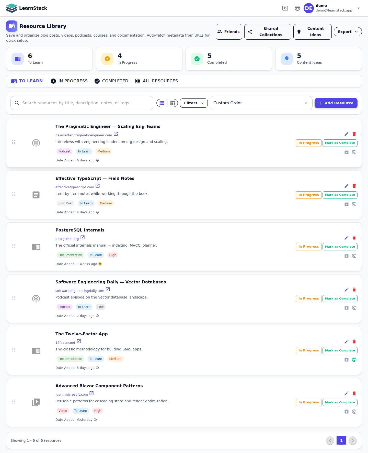 LearnStack resources list organized by type, status and priority