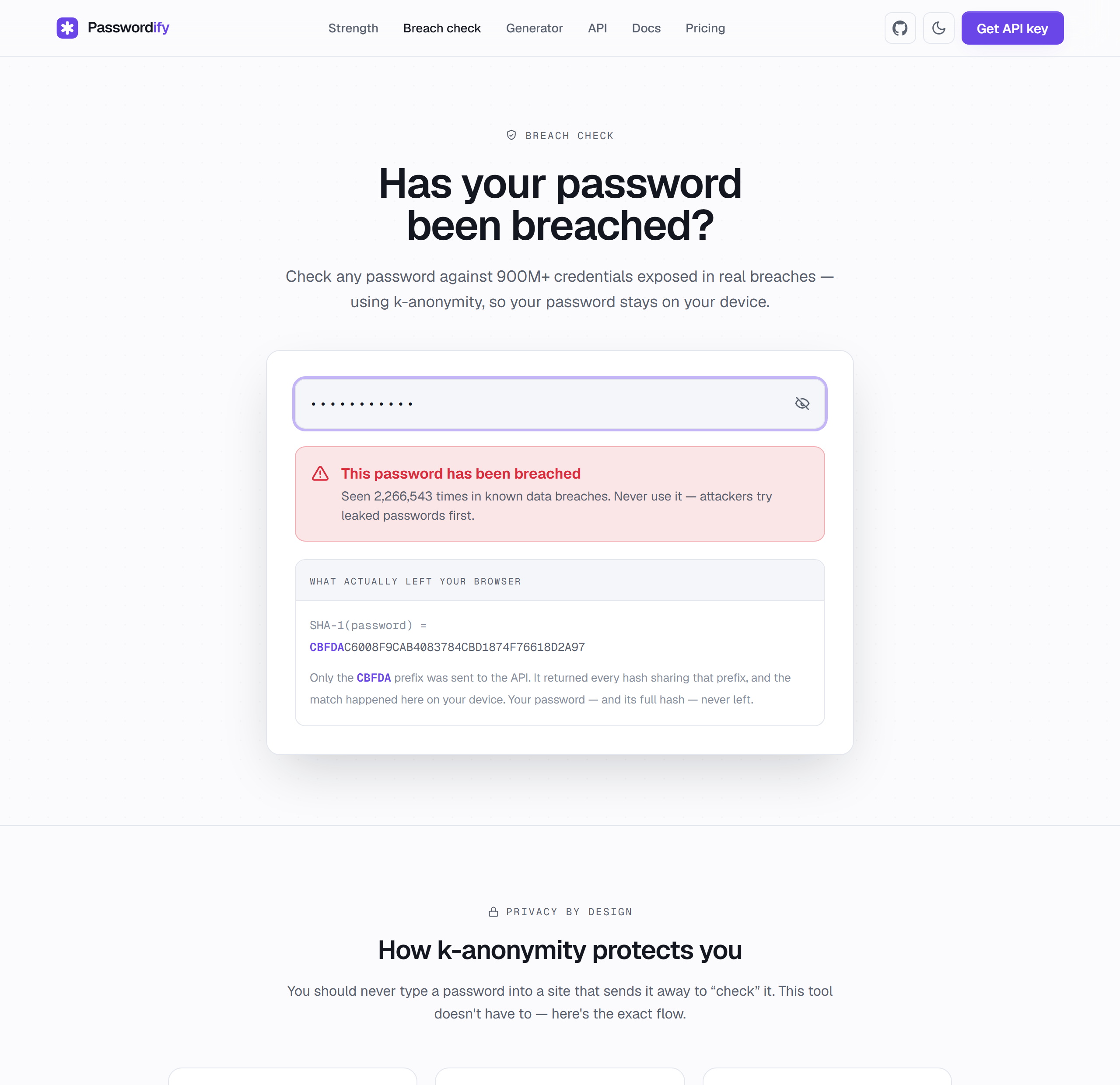Breach check result showing a compromised password and the k-anonymity hash prefix that was sent