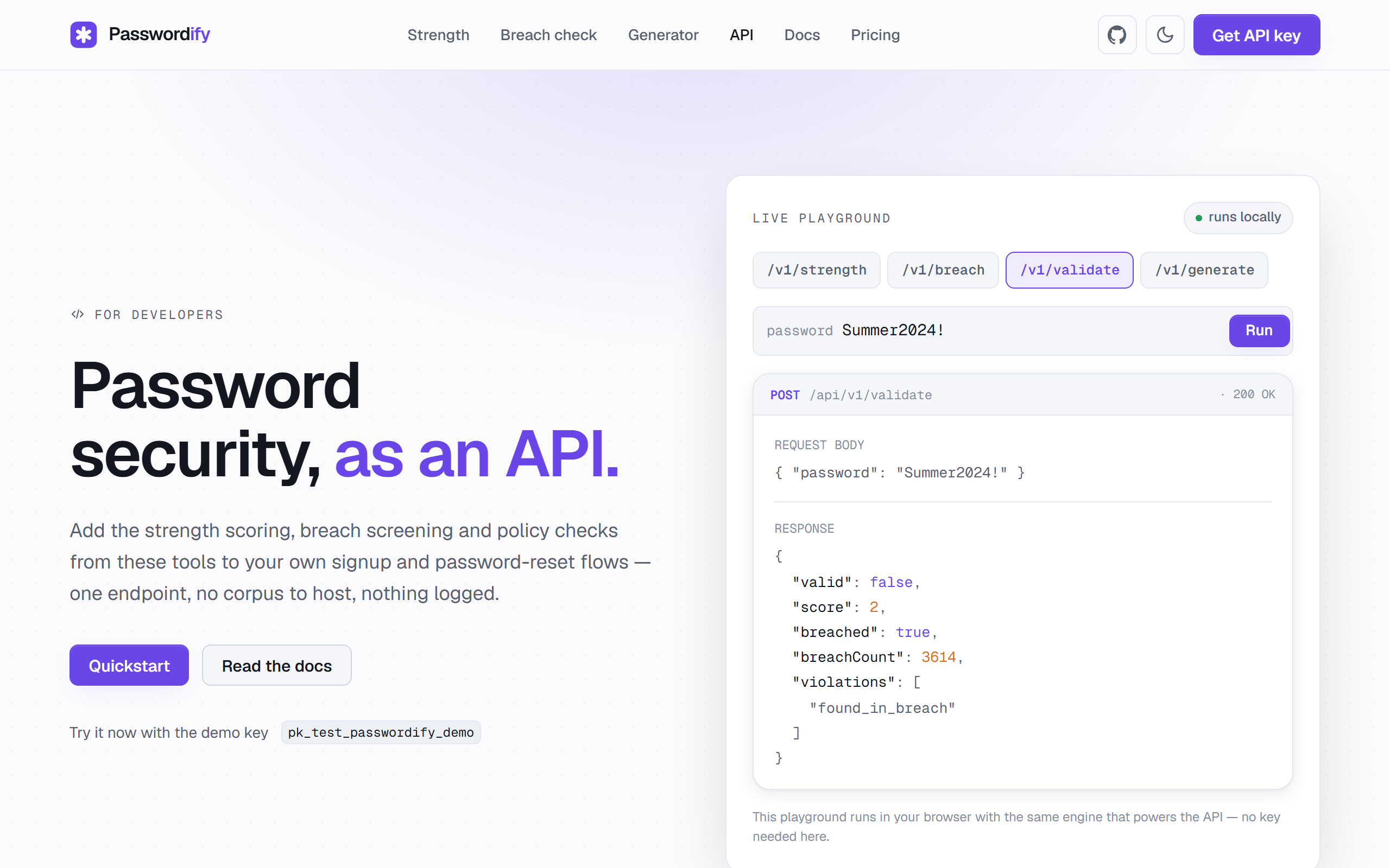 Developer API page with a live playground showing a validate request and JSON response