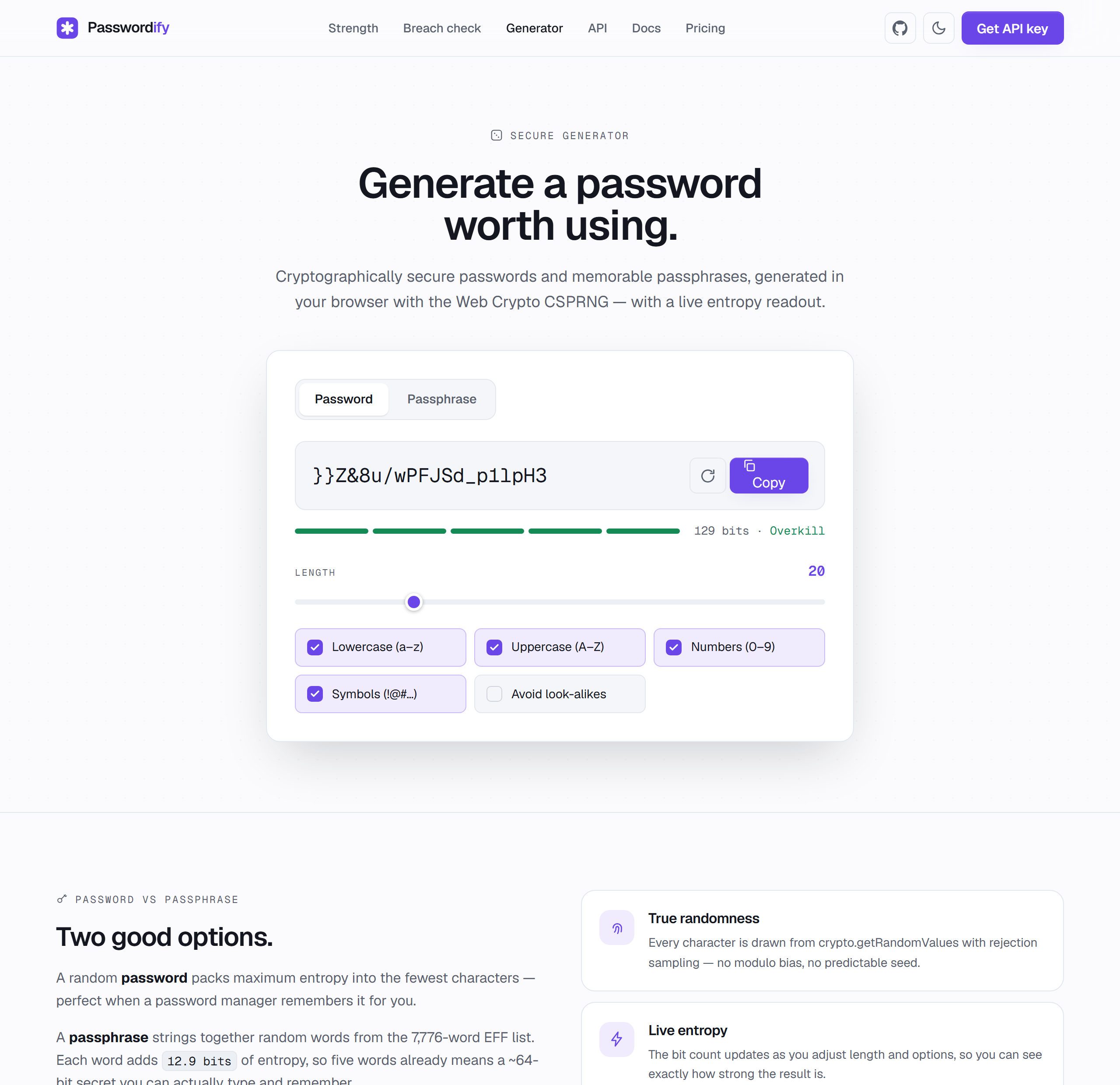Secure password generator with a generated password, entropy meter and character-set options
