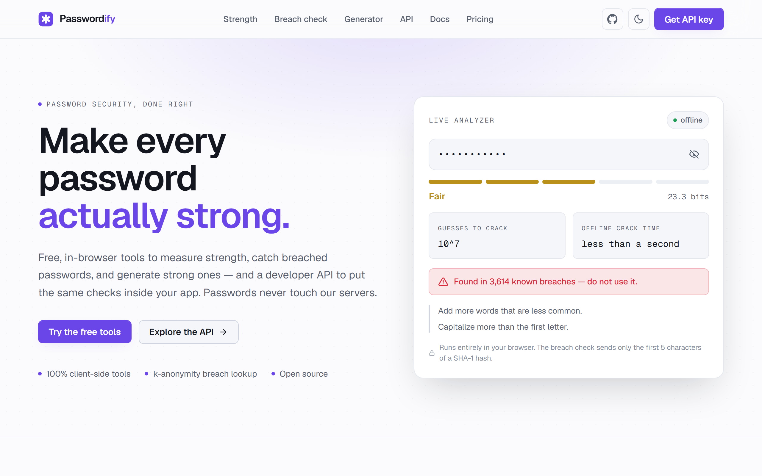 Passwordify home page with the live password strength analyzer