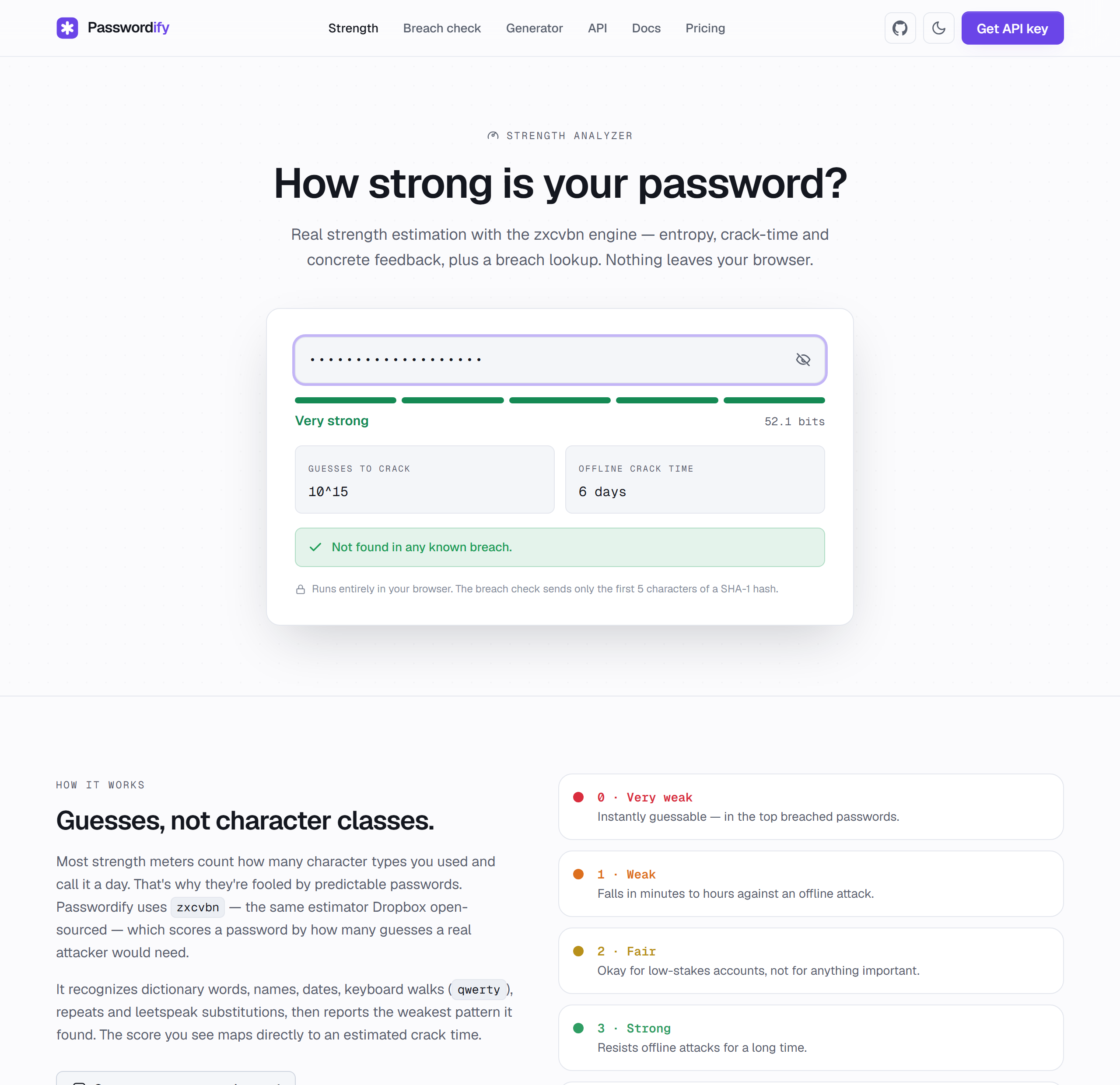 Password strength analyzer showing a very strong result with entropy and crack-time estimates