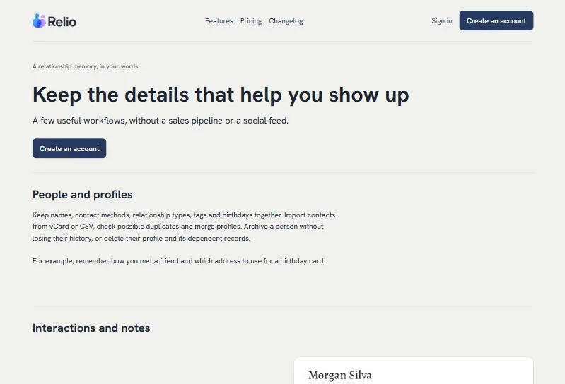 Relio features page covering people, interactions, reminders and difficult moments