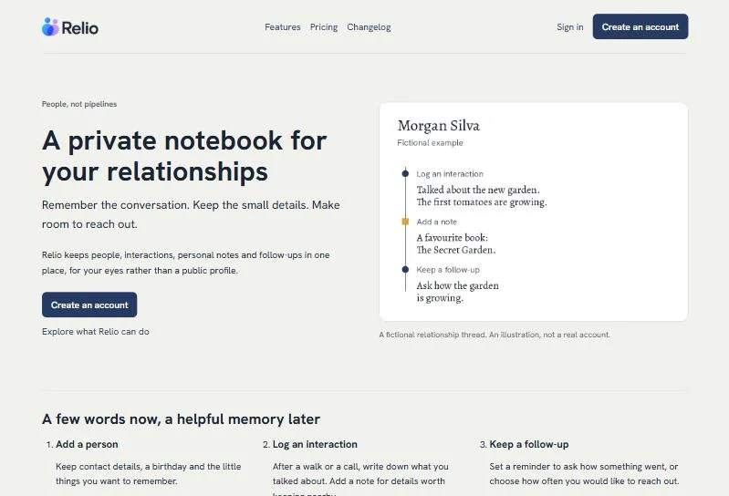 Relio home page — a private notebook for your relationships