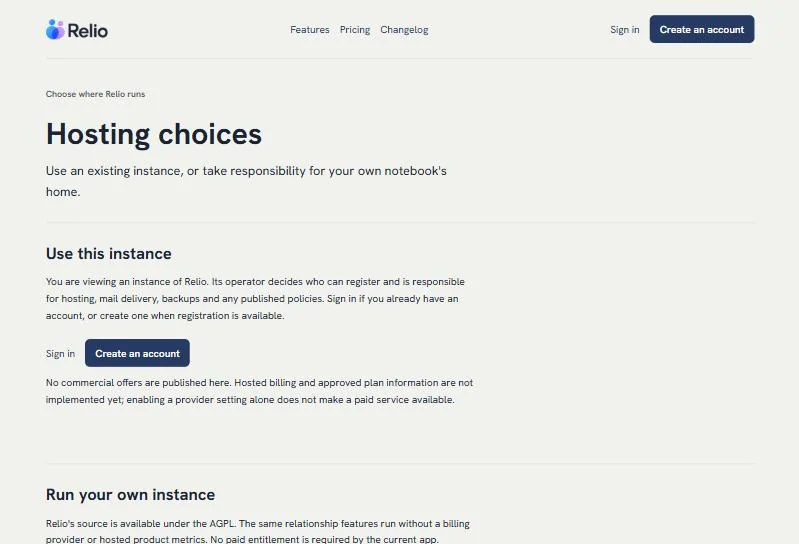 Relio hosting choices — use an existing instance or self-host your own